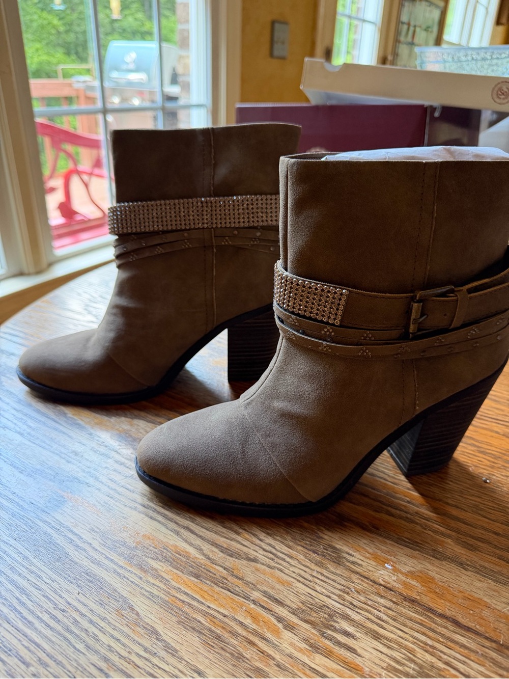 Suede Ankle Booties with Studded Strap - Taupe